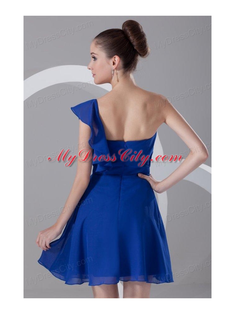 A-line One Shoulder Blue Chiffon Mini-length Ruching Prom Dress