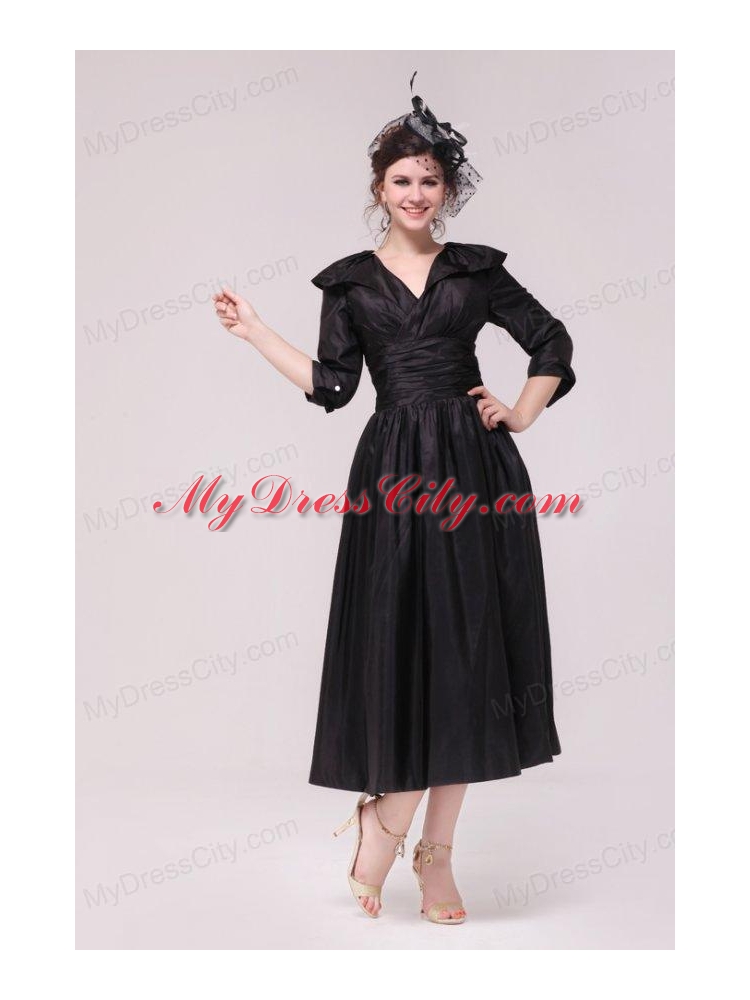 A-line V neck Black Tea-length Ruching Prom Dress with Half Sleeves