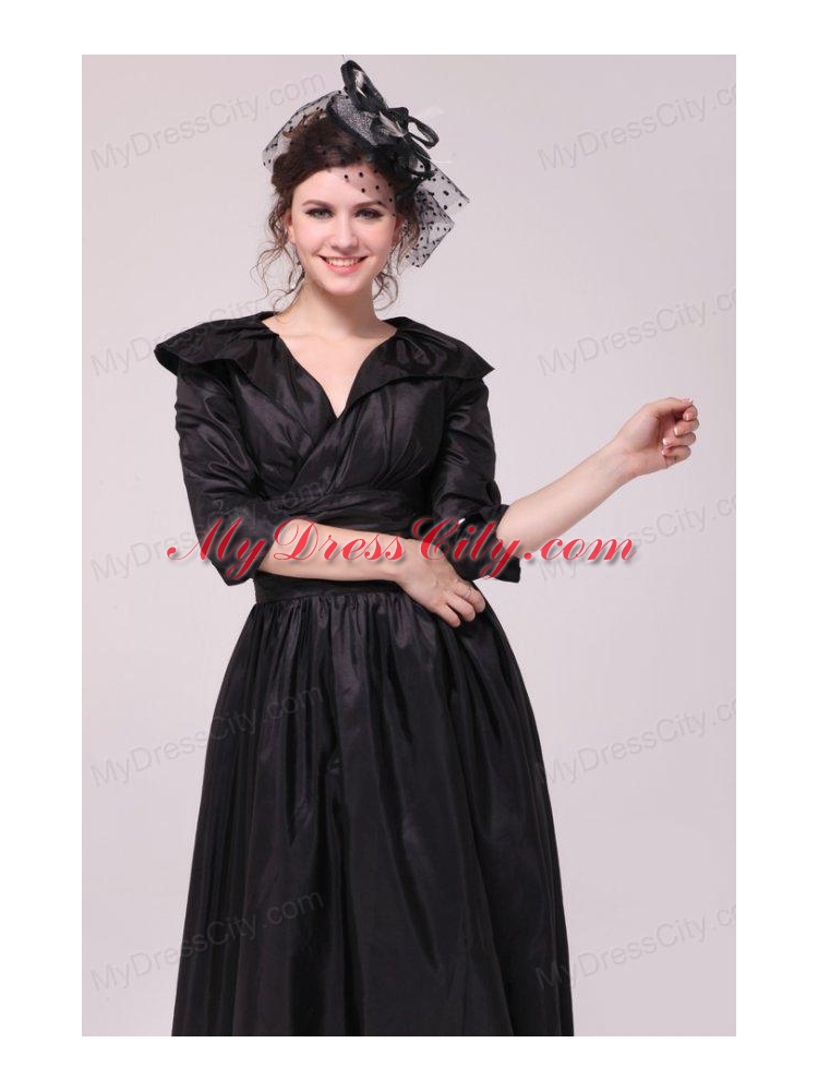 A-line V neck Black Tea-length Ruching Prom Dress with Half Sleeves