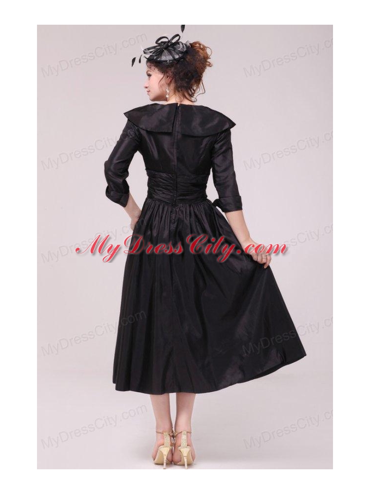 A-line V neck Black Tea-length Ruching Prom Dress with Half Sleeves