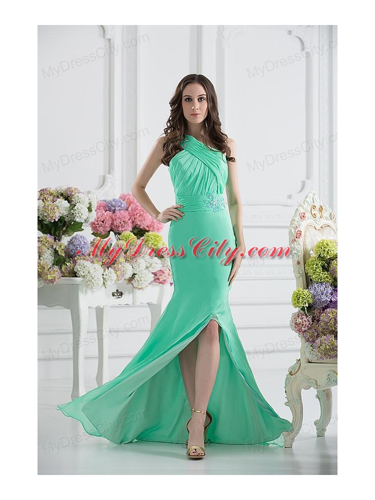 Apple Green Column One Shoulder Prom Dress with Ruching and Beading