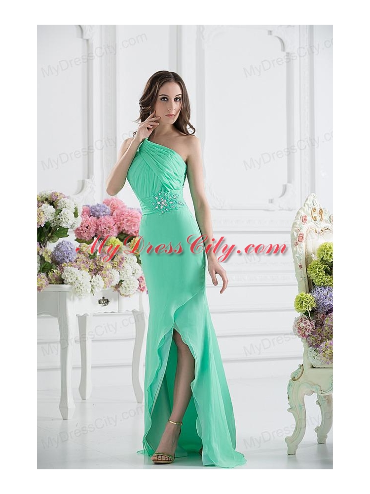 Apple Green Column One Shoulder Prom Dress with Ruching and Beading