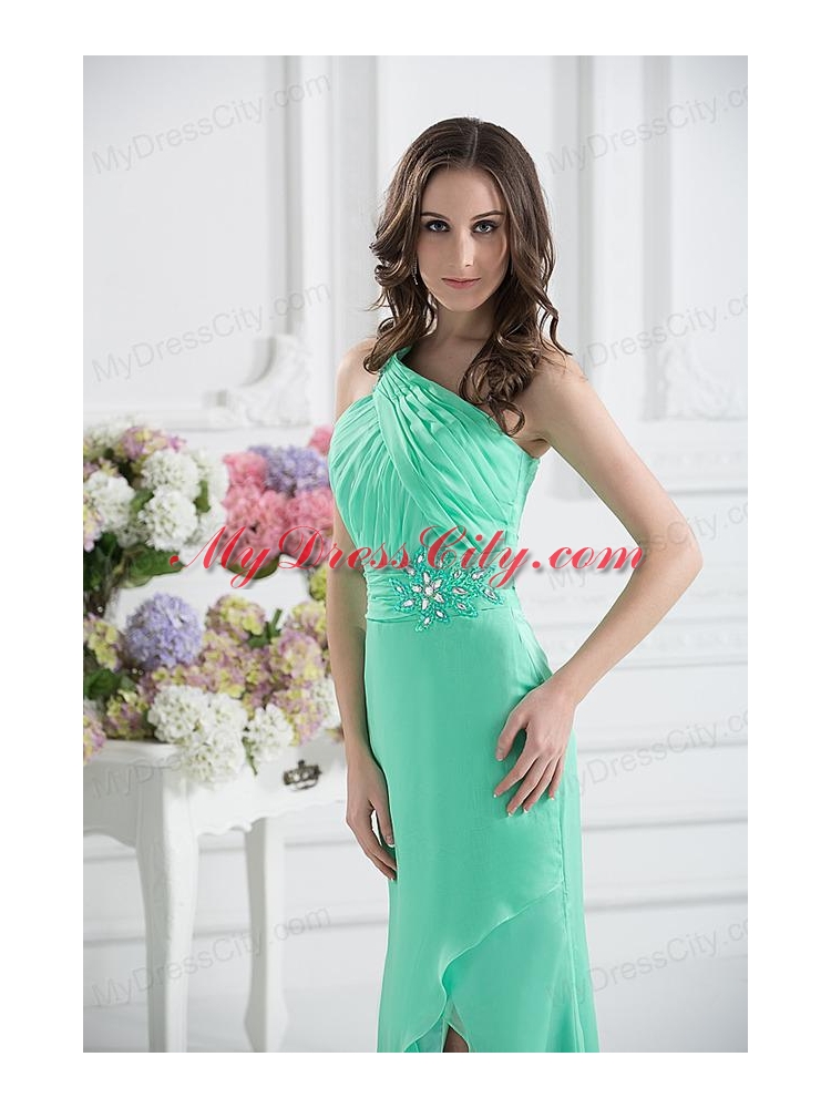 Apple Green Column One Shoulder Prom Dress with Ruching and Beading