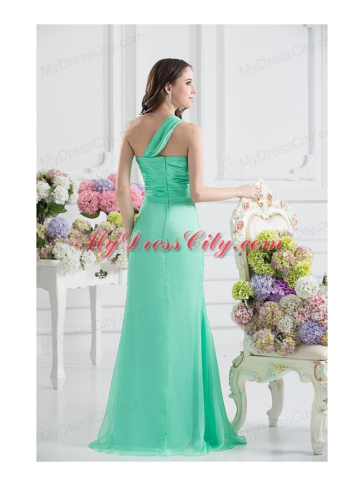 Apple Green Column One Shoulder Prom Dress with Ruching and Beading