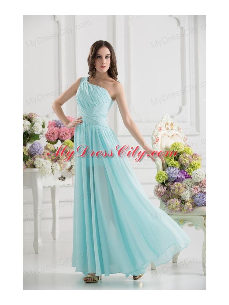 Aqua Blue One Shoulder Ruching Ankle-length Prom Dress