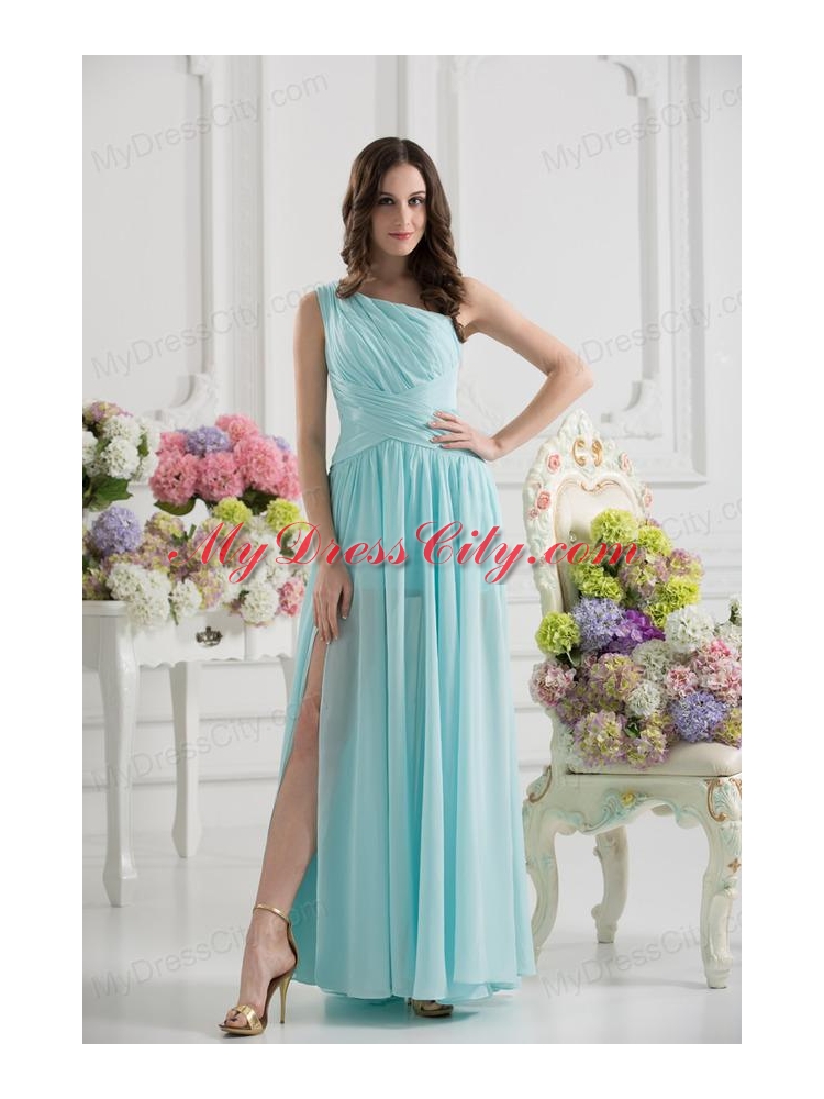 Aqua Blue One Shoulder Ruching Ankle-length Prom Dress