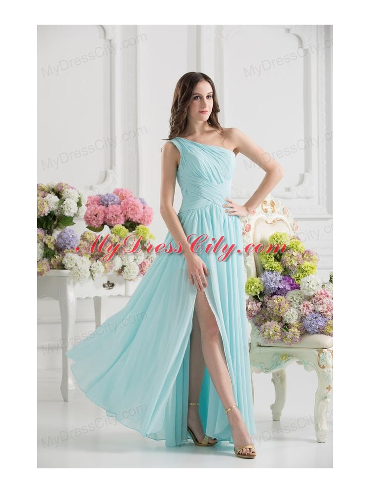 Aqua Blue One Shoulder Ruching Ankle-length Prom Dress