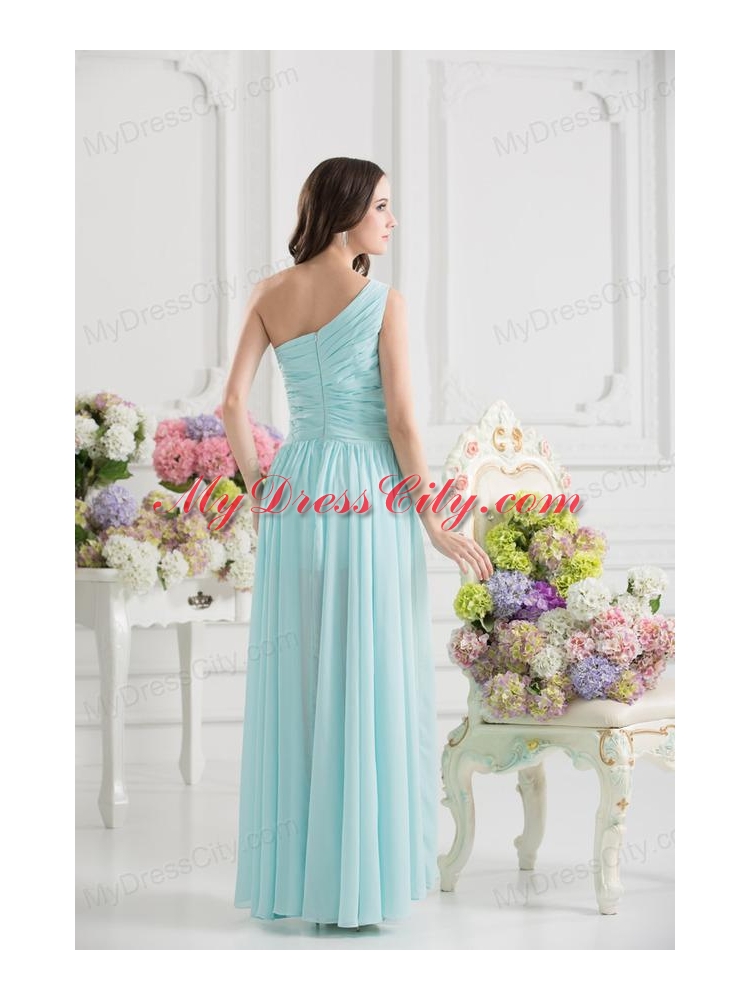 Aqua Blue One Shoulder Ruching Ankle-length Prom Dress