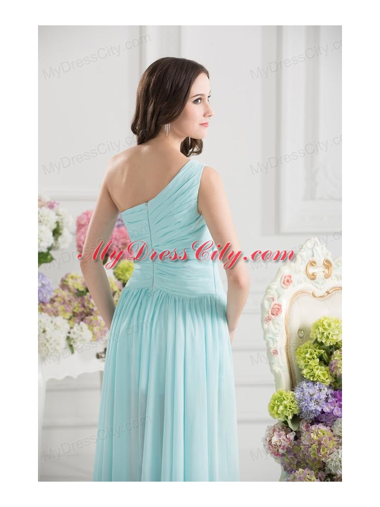 Aqua Blue One Shoulder Ruching Ankle-length Prom Dress