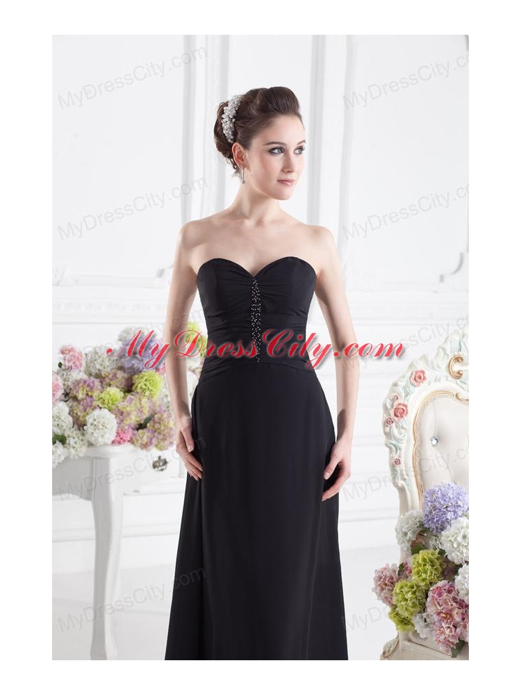 Black Empire Floor-length Prom Dress with Beading and Ruching