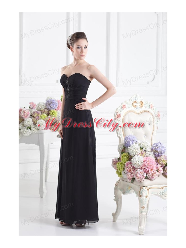 Black Empire Floor-length Prom Dress with Beading and Ruching