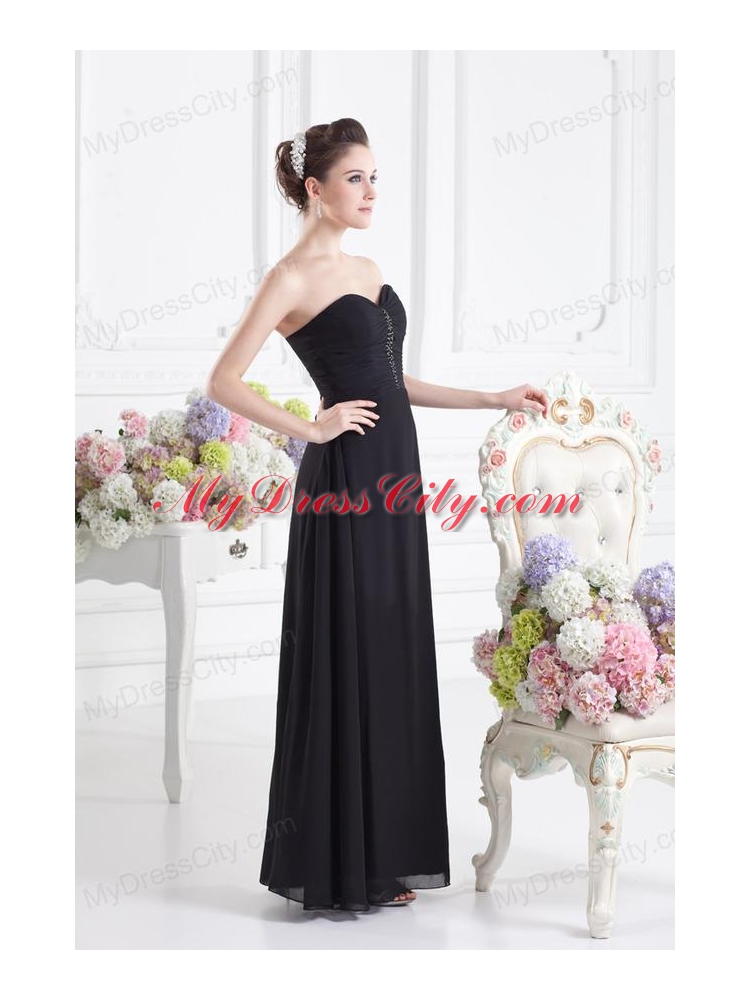 Black Empire Floor-length Prom Dress with Beading and Ruching