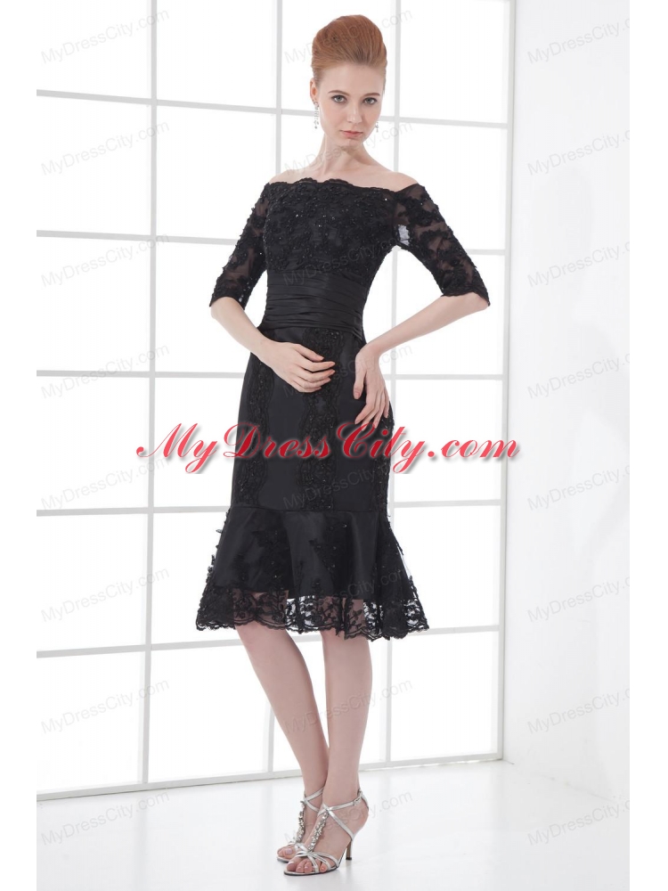 Black Mermaid Off The Shoulder Ruching Appliques Half Sleeves Prom Dress