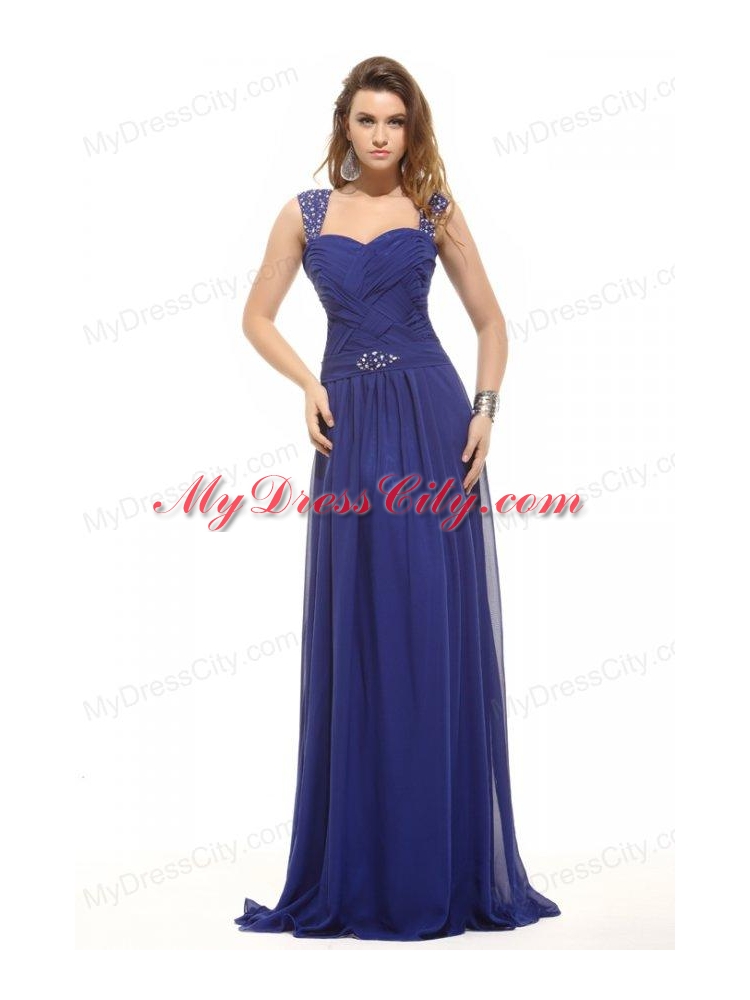 Blue Empire Straps Floor-length Chiffon Beading Prom Dress