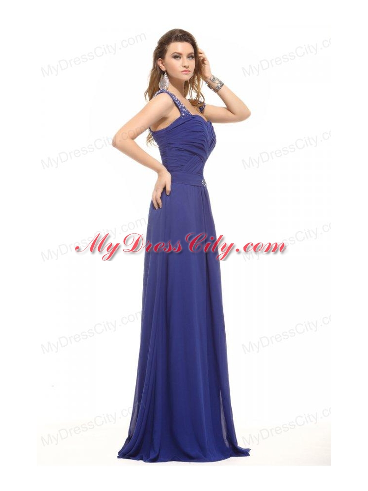 Blue Empire Straps Floor-length Chiffon Beading Prom Dress