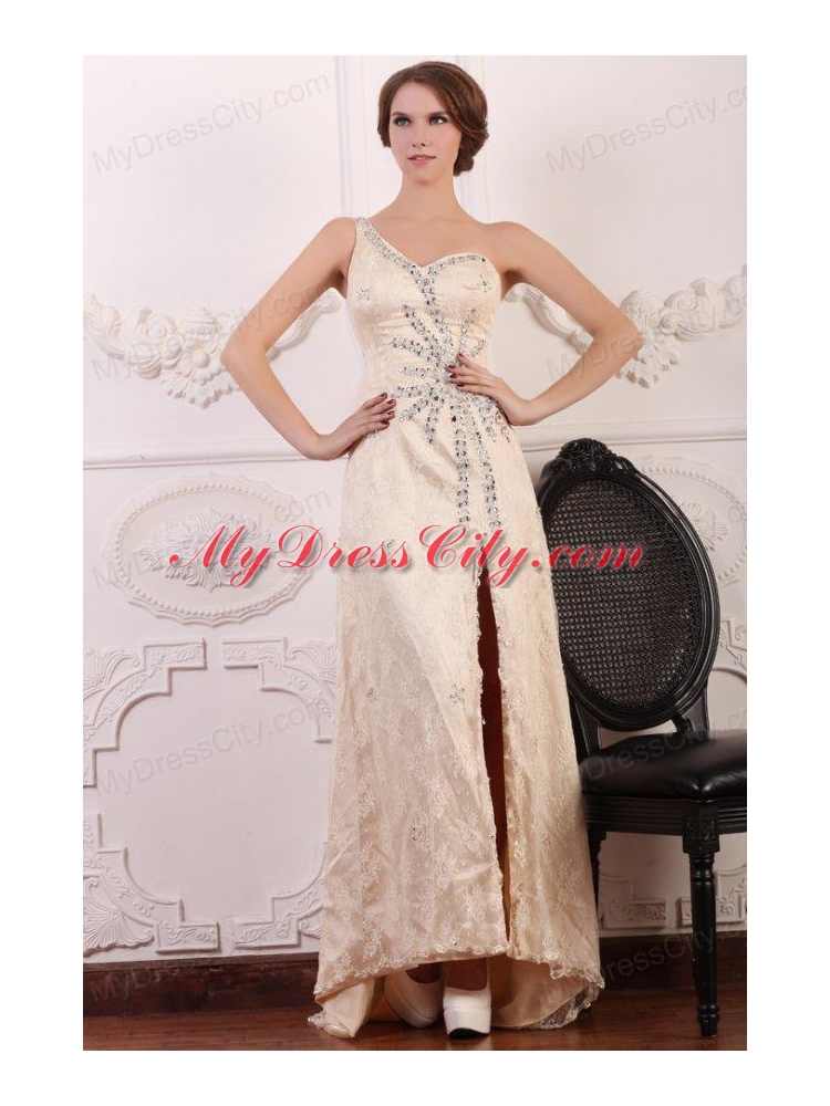 Champagne Column One Shoulder Beaded High Slit Prom Dress