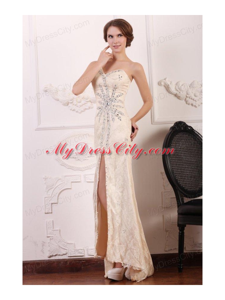 Champagne Column One Shoulder Beaded High Slit Prom Dress