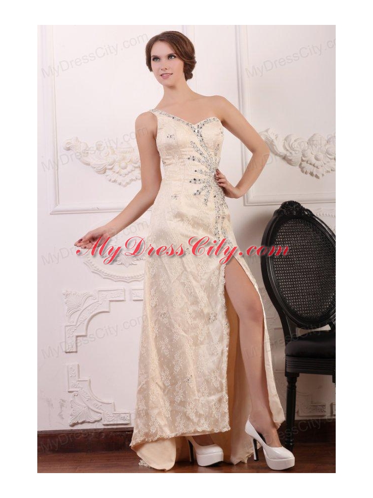 Champagne Column One Shoulder Beaded High Slit Prom Dress