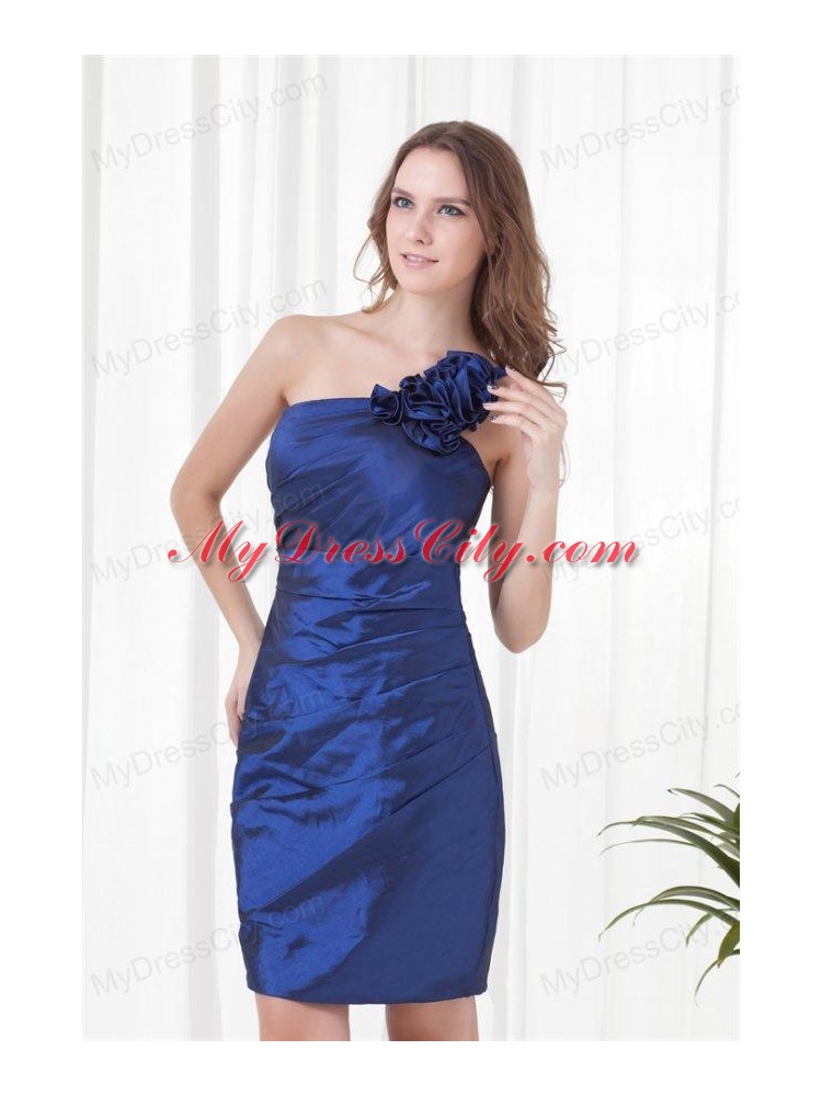 Cheap Column One Shoulder Mini-length Ruching Zipper Up Blue Prom Dress