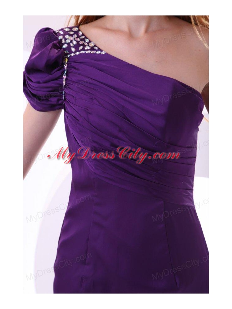 Cheap Column One Shoulder Purple Mini-length Beading Taffeta Prom Dress with Side Zipper