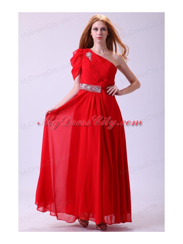 Chiffon Simple Empire One Shoulder Beading Short Sleeves Red Prom Dress