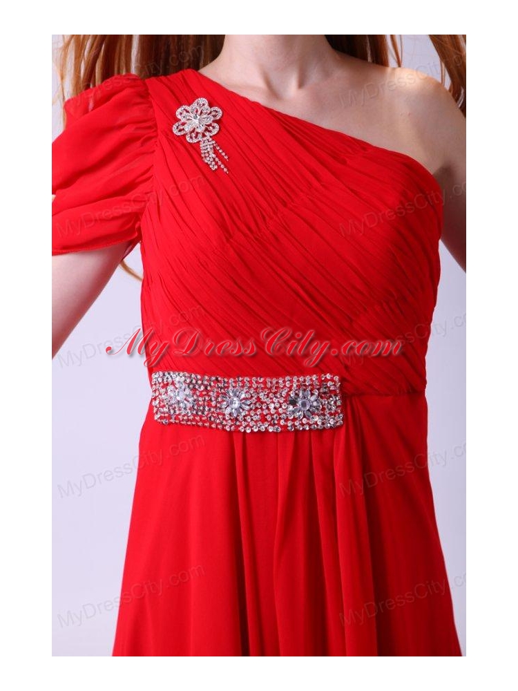 Chiffon Simple Empire One Shoulder Beading Short Sleeves Red Prom Dress