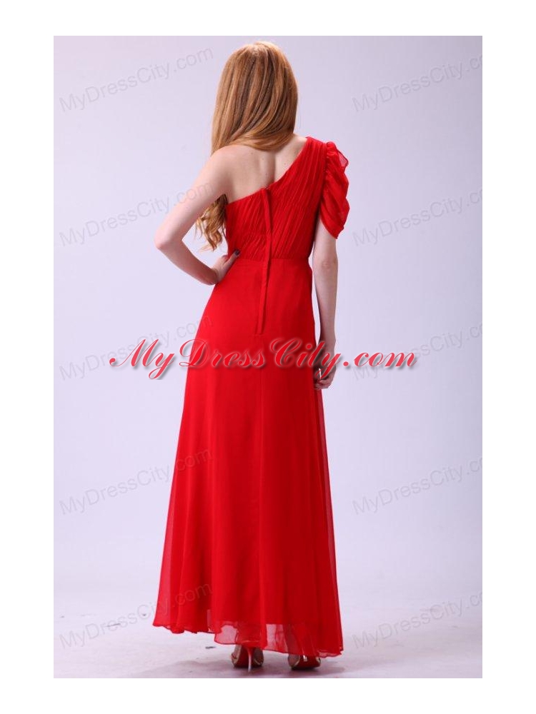 Chiffon Simple Empire One Shoulder Beading Short Sleeves Red Prom Dress