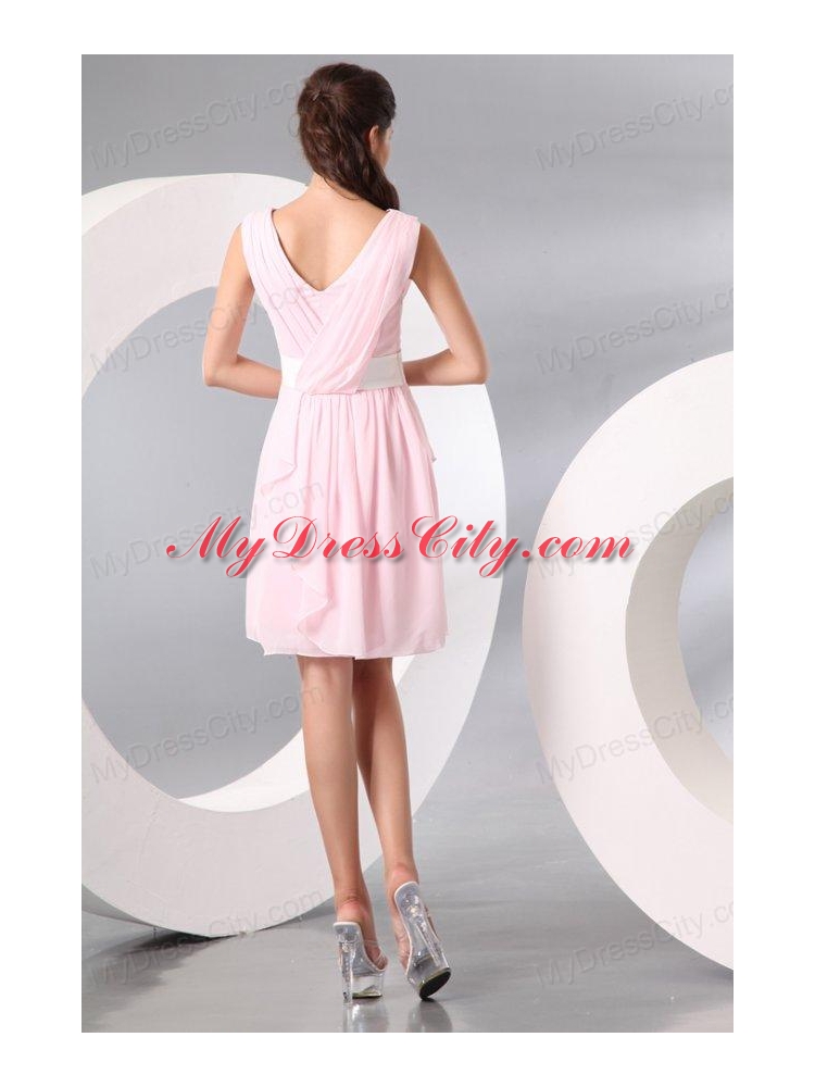 Column Baby Pink V-neck Chiffon Short Prom Cocktail Dress