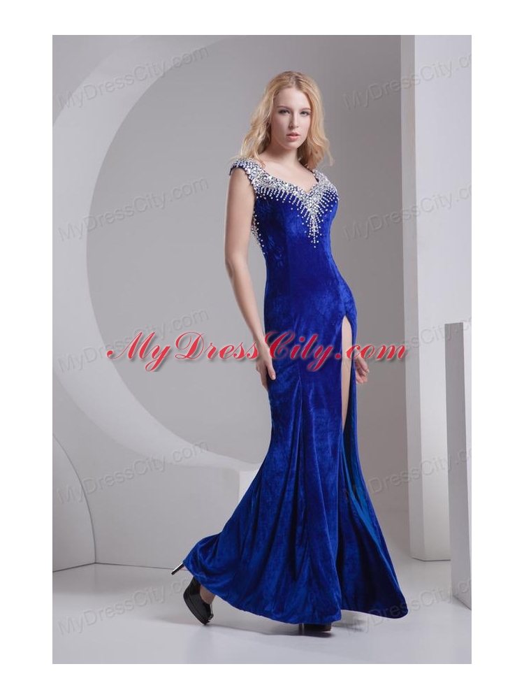 Column Blue Straps Beading High Slit Special Fabric Prom Dress