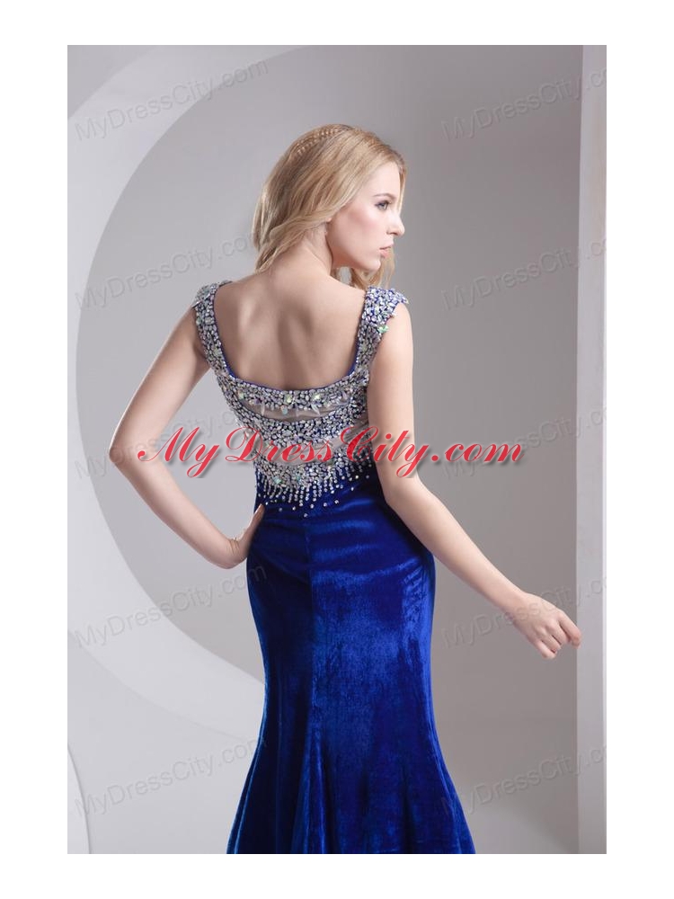 Column Blue Straps Beading High Slit Special Fabric Prom Dress