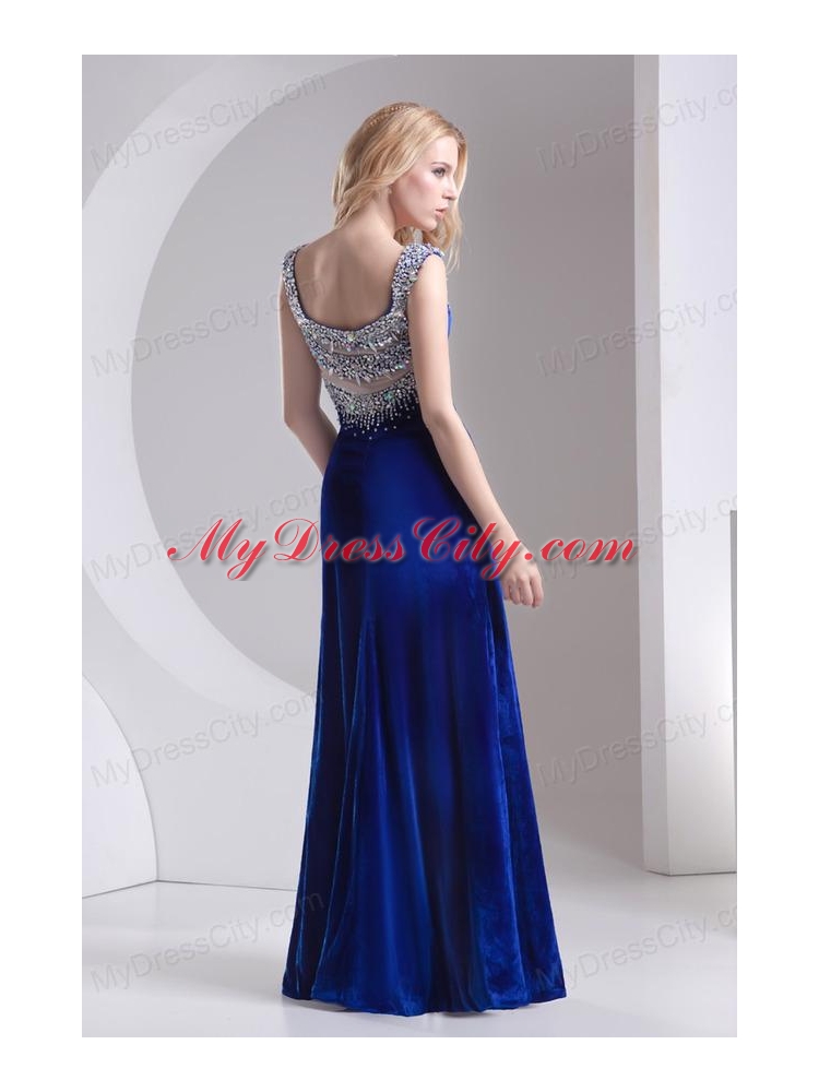 Column Blue Straps Beading High Slit Special Fabric Prom Dress