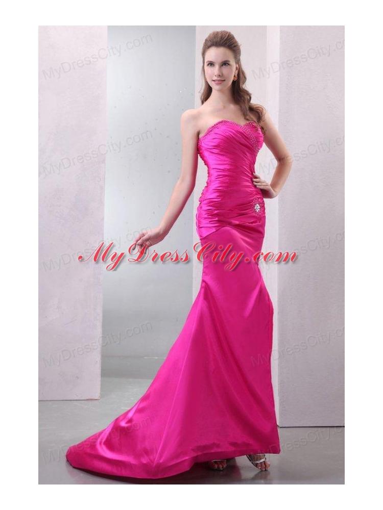 Column Hot Pink High Slit Sweetheart Beading and Ruching Prom Dress