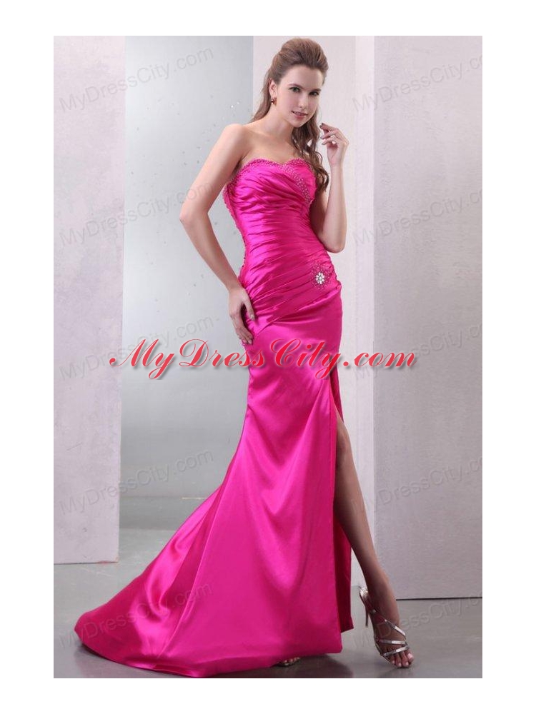 Column Hot Pink High Slit Sweetheart Beading and Ruching Prom Dress