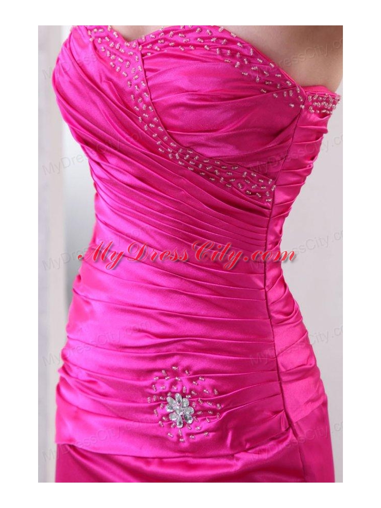 Column Hot Pink High Slit Sweetheart Beading and Ruching Prom Dress