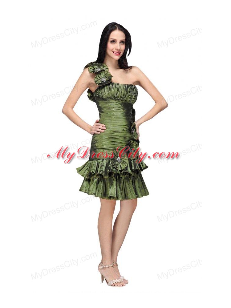 Column Olive Green One Shoulder Hand Made Flower Ruching Prom Dress