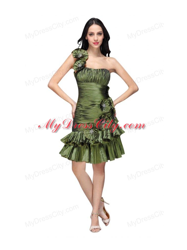 Column Olive Green One Shoulder Hand Made Flower Ruching Prom Dress