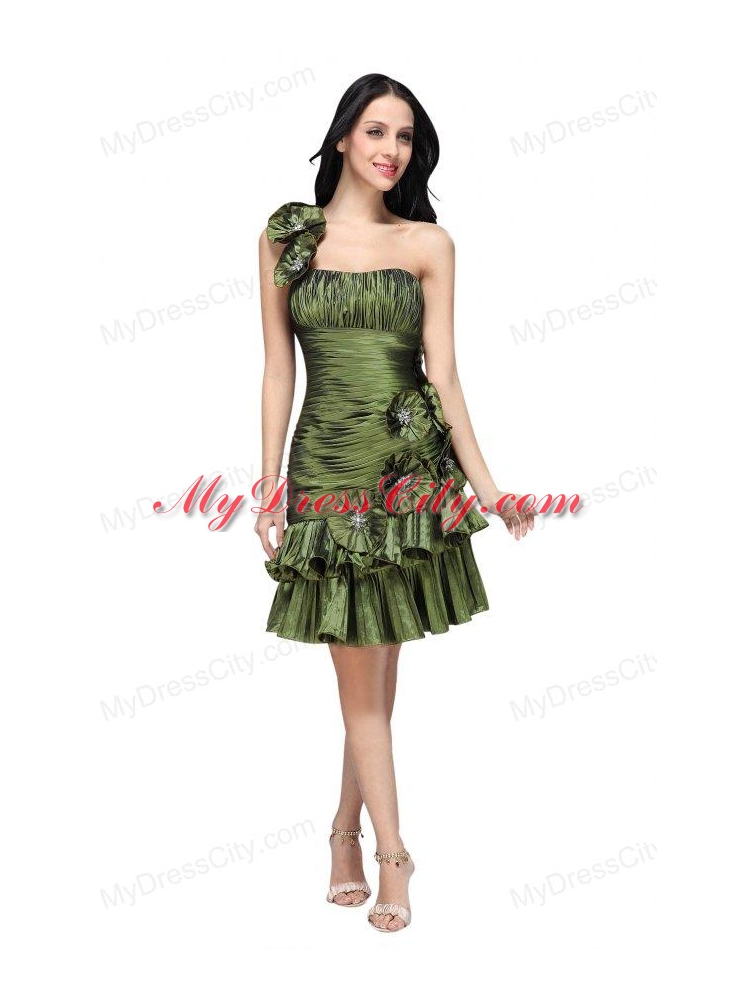 Column Olive Green One Shoulder Hand Made Flower Ruching Prom Dress