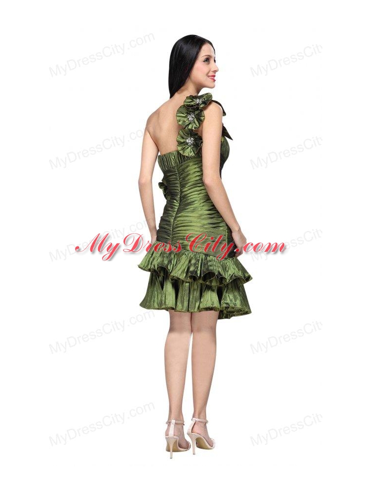 Column Olive Green One Shoulder Hand Made Flower Ruching Prom Dress