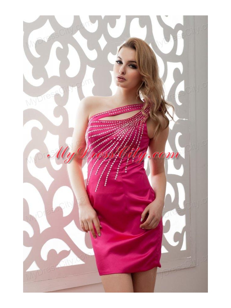 Column One Shoulder Mini-length Taffeta Hot Pink Prom Dress