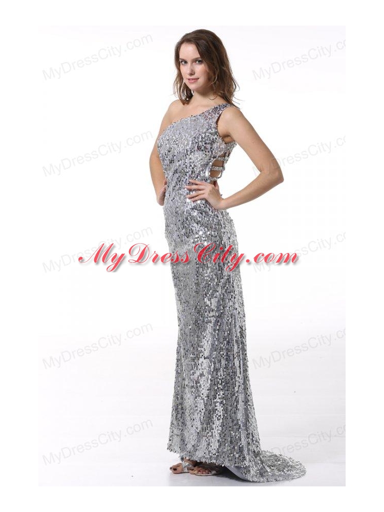 Column One Shoulder Sliver Brush Train Sequins Prom Dress