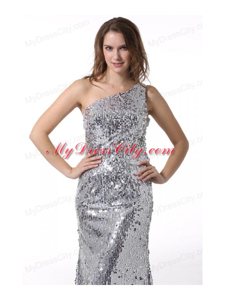 Column One Shoulder Sliver Brush Train Sequins Prom Dress