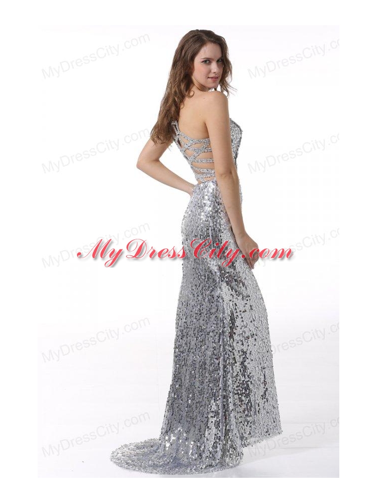 Column One Shoulder Sliver Brush Train Sequins Prom Dress