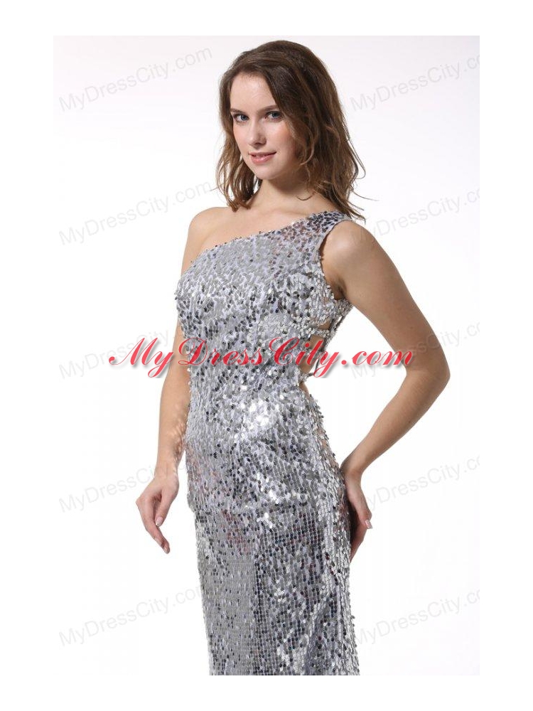 Column One Shoulder Sliver Brush Train Sequins Prom Dress