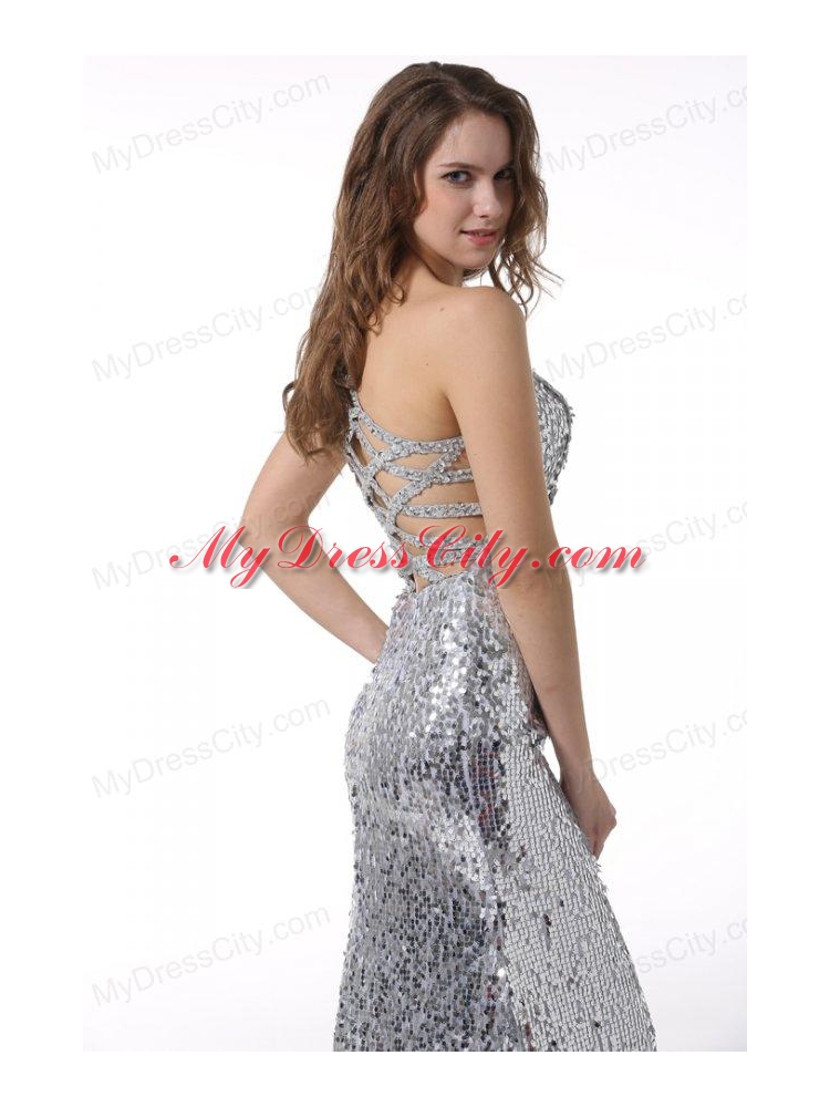 Column One Shoulder Sliver Brush Train Sequins Prom Dress