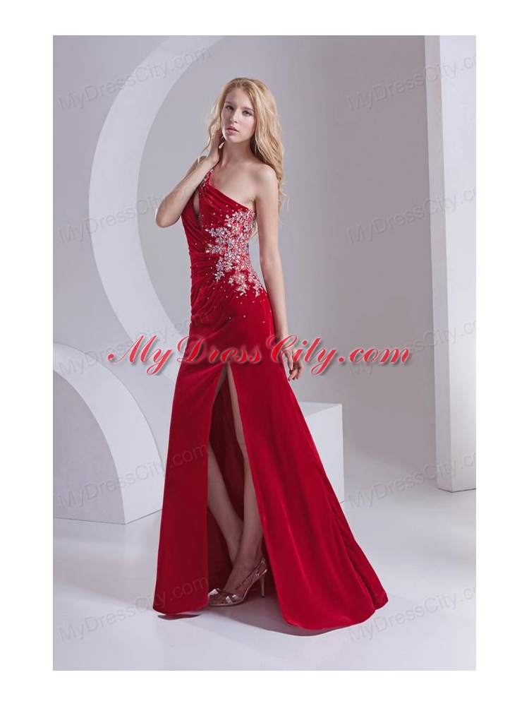 Column One Shoulder Special Fabric Beading High Slit Wine Red Prom Dress