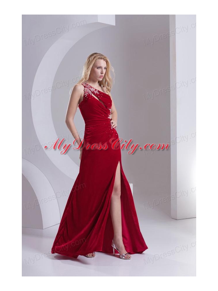 Column One Shoulder Special Fabric Beading High Slit Wine Red Prom Dress