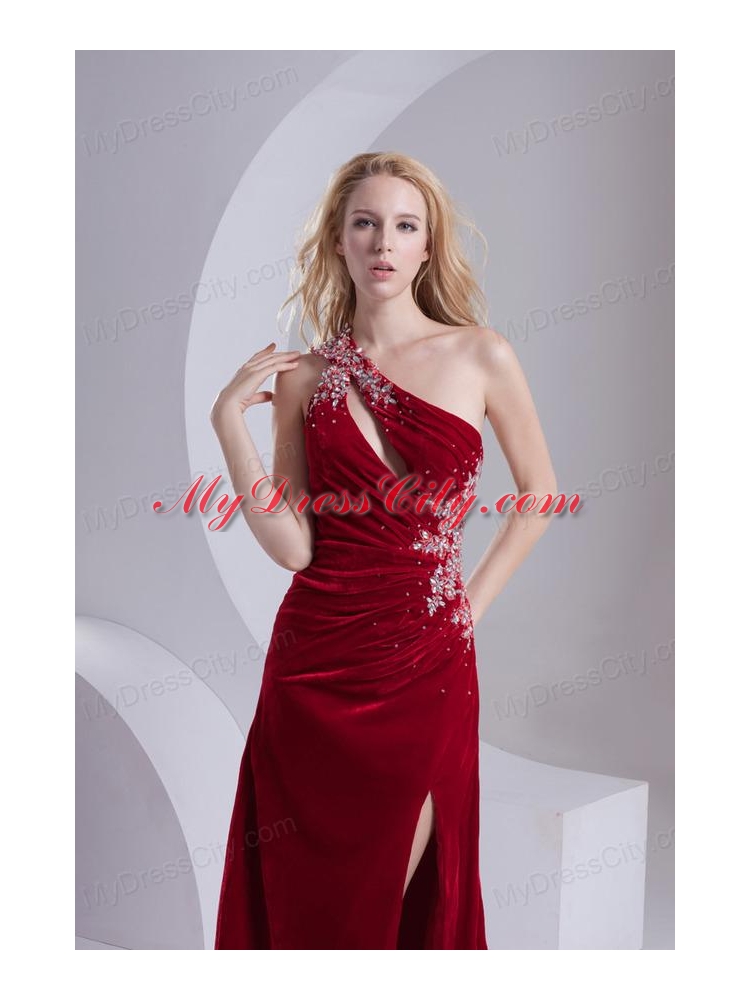 Column One Shoulder Special Fabric Beading High Slit Wine Red Prom Dress