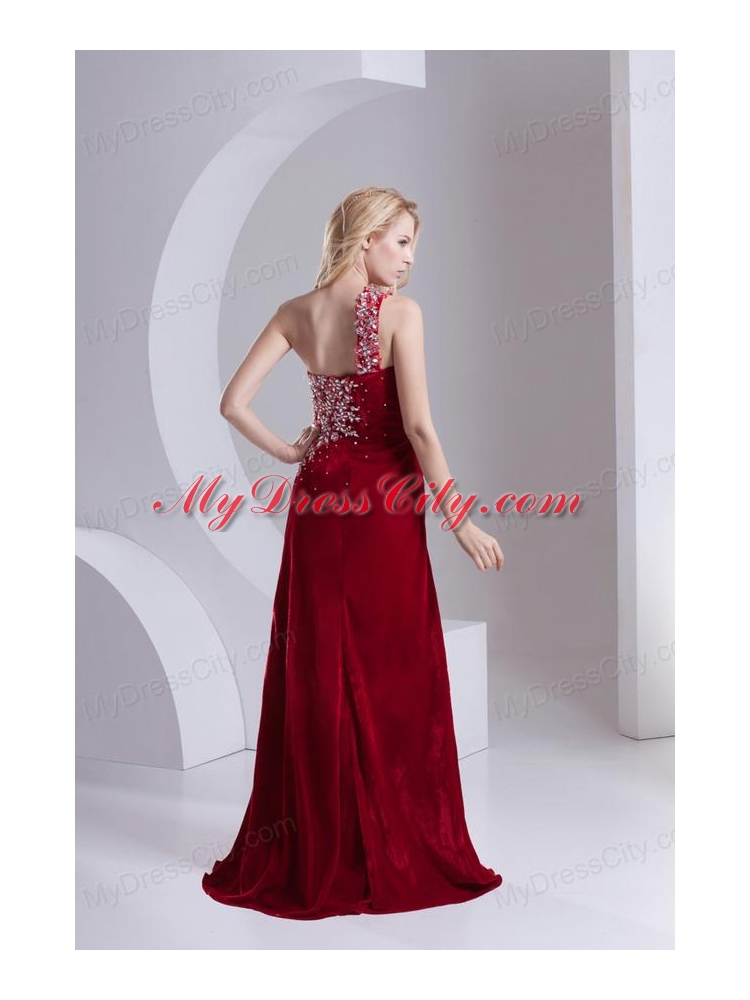 Column One Shoulder Special Fabric Beading High Slit Wine Red Prom Dress