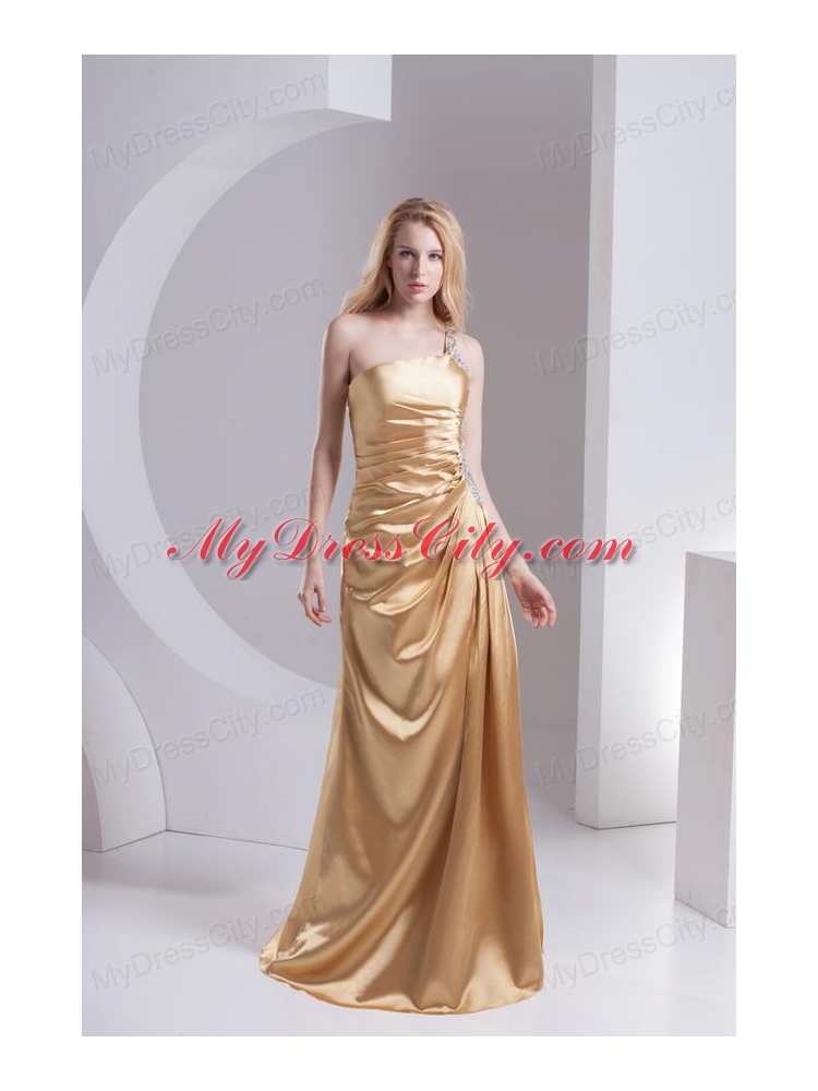 Column One Shoulder Taffeta Beading Ruching Gold Prom Dress