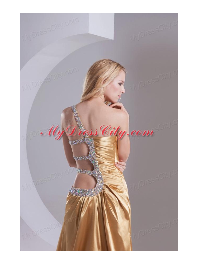 Column One Shoulder Taffeta Beading Ruching Gold Prom Dress